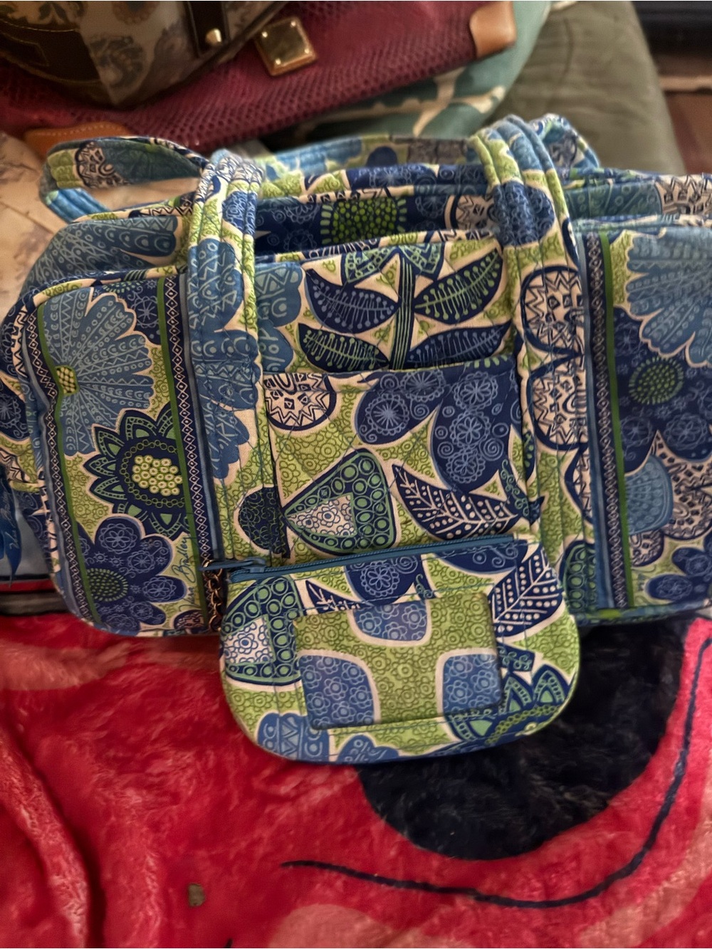 Vera Bradley Blue and Green Quilted Mini Bag with Leaf Print